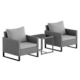 OUTSUNNY 3PCS Rattan Bistro Set Glass Top Table and Chairs with 4 Cushions - Light Grey | TJ Hughes