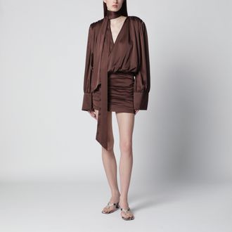 Rotate Short chiffon dress with deep V-neck and bow, brown