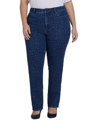 NYDJ Plus Marilyn High-Rise Dark Denim Leopard Print Straight Leg Jean