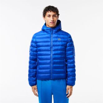 Lacoste Mens Solid Patterned Hooded Quilted Puffer Jacket in Cobalt - Blue - Size X-Small