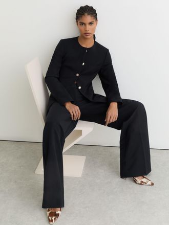 Reiss Navy Collarless Button-through Fitted Jacket, 12