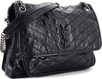 Saint Laurent Niki Chain Flap Bag Matelasse Chevron Leather Large shoulder bag - Zwart
