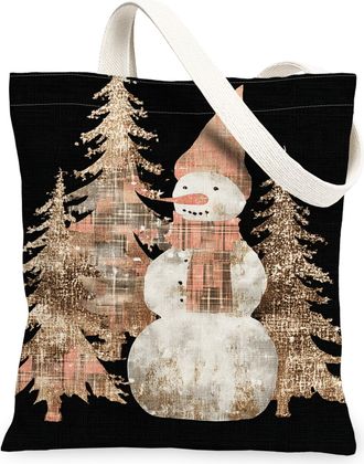 Generic Winter Snow Man Canvas Tote Bags, Holiday Tree Pattern Reusable Grocery Bags, Vintage Lightweight Washable Shoulder Strap C, Black, 13x15 Inch