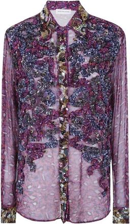 Dries Van Noten Shirt met pailletten en ruches - Dames - Blouses - Paars - 2XS - Pailletten - Overhemden