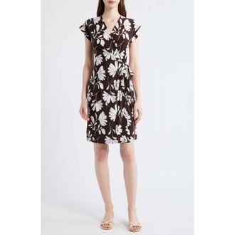 Anne Klein Two-Tone Floral Wrap Dress in Dark Chocolate/White Dove at Nordstrom, Size Medium