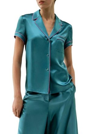 LilySilk Lsxes Contrast-Trimmed Silk Shirt in Adriatic Blue at Nordstrom, Size Small