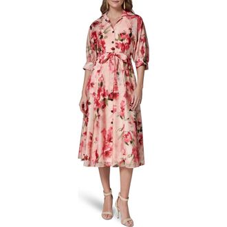 DKNY Floral Print Tie Waist Midi Shirtdress in Geranium Multi at Nordstrom, Size 12