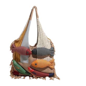 Generic 3D Fish Knitted Tote Bag,Cute Cartoon Fish Patchwork Shoulder Bags,Large Capacity Bohemian Hobo Handbag for Travel Vacation (G)