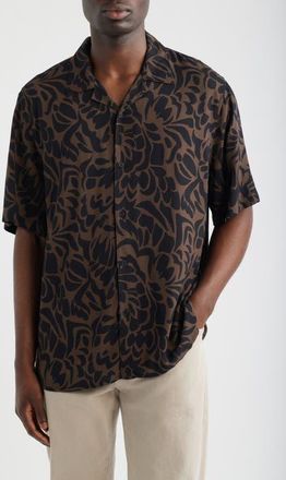 Wax London Didcot Abstract Floral Camp Shirt in Black /Brown at Nordstrom, Size Xx-Large