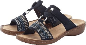 Rieker Pantolette RIEKER, Damen, Gr. 36, blau (nachtblau), Nubuklederimitat, kontrastfarbene Details, Schuhe Pantolette, Keilabsatz, Sommerschuh, Schlappen m