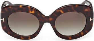 Tom Ford Claudette 51mm Round Sunglasses in Shiny Classic Dark Havana /t/Logo /Gradient Smoke Lens at Nordstrom