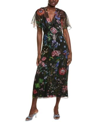 Lela Rose Cold-Shoulder Silk Midi Dress