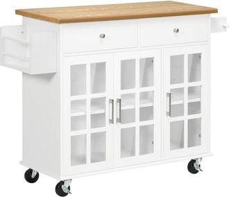 HOMCOM Carro De Cocina Isla De Cocina Con Ruedas Multifuncional Con 2 Cajones 3 Puertas De Vidrio Templado Toallero Y Especiero 124,5x39,5x90cm Blanco - Homc