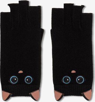 Agnelle Fingerlose Kaschmir- und Lederhandschuhe mit Katzenmotiv Neko