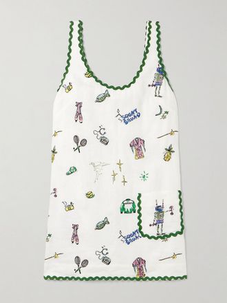 Alemais + Anouk Colantoni Abito Mini In Lino Ricamato Con Finiture Zig-zag - Crema