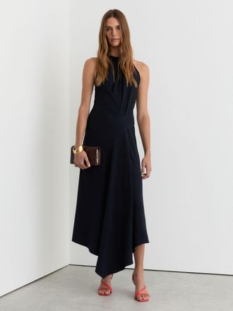 Reiss Navy Drape-detail Sleeveless Midi Dress, 10
