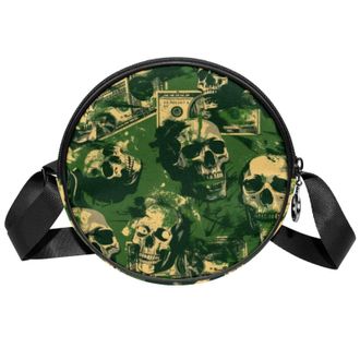 Generic Circle Crossbody Bag for Women, Camouflage Skull Small Sling Bag Daypack with Zipper Adjustable Shoulder Straps Casual Ladies Girls Round Purse