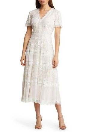 Tadashi Shoji Lace & Mesh Midi Cocktail Dress in Ivory/Petal at Nordstrom Rack, Size 14