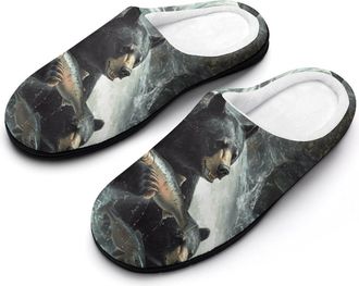 Generic Black Bear Catching Salmons Fish Slippers Men Winter Warm Cotton Anti-Slip Indoor Slip-Ons House Shoes
