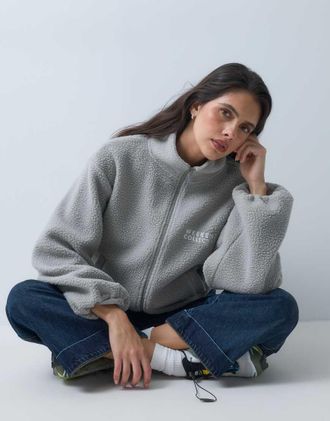 Asos Weekend Collective felpa in pile borg con zip e maniche a palloncino, grigia-Grigio