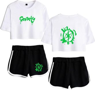 Generic Katseye Merch Gnarly Tops for Women Midriff-Baring Fitted Crop Sets Gym Shirt Streetwear Short Pants (4,XS)