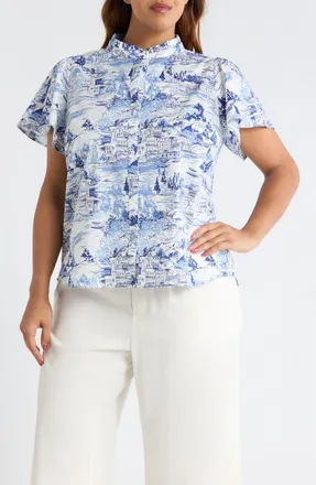 Sugarlips Kearny Floral Print Poplin Top in White Blue at Nordstrom, Size 2X