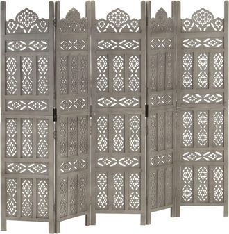 vidaXL Biombo 5 Paneles Tallado A Mano Madera De Mango Gris 200x165 Cm Vidaxl
