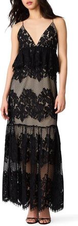 Steve Madden Annette Lace Embroidered Tiered Maxi Peplum Dress in Black at Nordstrom, Size 10