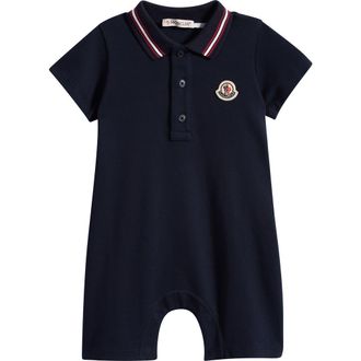 Moncler Stretch Cotton Piqu&eacute; Polo Romper in Navy Blue at Nordstrom, Size 18-24M
