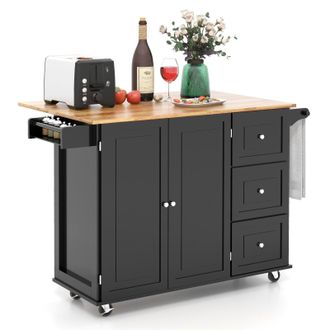 Costway Costway Kitchen Storage Trolley Cart Rolling Island Shelves Cupboard 3 Drawers Cabinet in Black