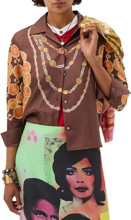 Versace The Lover Trompe lOeil Print Silk Twill Bowling Shirt in Chocolate Amber at Nordstrom, Size 10 Us