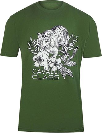 Roberto Cavalli Mens Cavalli Class Tiger Floral Logo Military Green T-Shirt - Size: 44