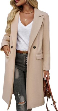 Generic Womens Wool Blend Pea Coat,Womens Fall Winter Commuter Dressy Work Office Lapel Mid Long Pea Trench Coat (Apricot,L)