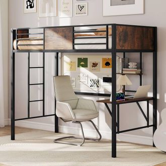 Costway Costway Loft Bed Single Size w/ Desk & Shelf Metal Bedframe w/Safety Guardrail in Brown