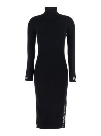 Elisabetta Franchi Black Turtleneck Dress With Logo Lettering On The Side In Wool Woman