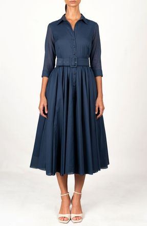 Samantha Sung Navy A-Line Belted Shirtdress in Solid Navy at Nordstrom, Size 4