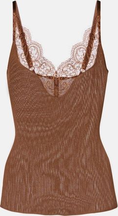Saint Laurent Lace-trimmed ribbed-knit silk tank top