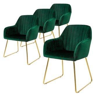 ML Design Ml-design - Juego De 4x Sillas De Comedor Verdes Asiento Ergon&oacute;mico Acolchado Tapizado De Terciopelo, Patas De Metal Dorado Sill&oacute;n De Dise&ntilde;o Moderno P