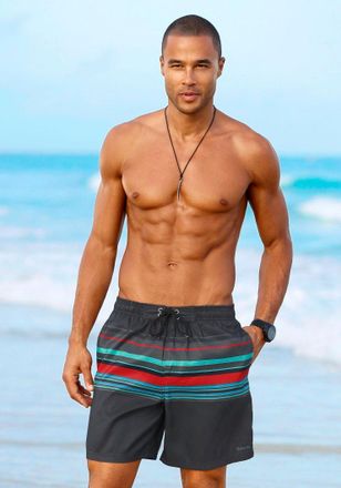 Bench Badeshorts BENCH., Herren, Gr. XL (54/56), N-Gr, schwarz (schwarz, rot), Microfaser, Polyester, gestreift, Badehosen Badeshorts, mit kontrastfarbenen 