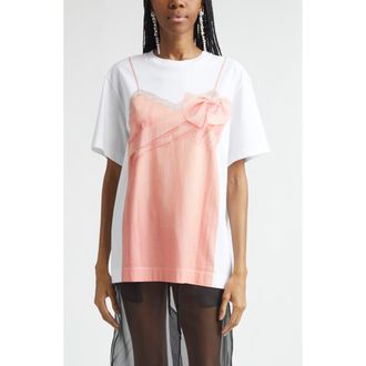 Simone Rocha Bow Sash Trompe lOeil T-Shirt in White/Clementine at Nordstrom, Size X-Small