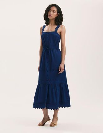 Finery Hallie Cotton Ric Rac Detail Midi Dress in Indigo at Nordstrom, Size 18