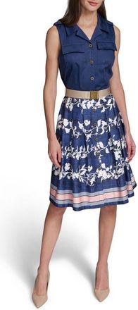 Karl Lagerfeld Mixed Media Belted Shirtdress in Midnight Navy/soft White at Nordstrom, Size 4