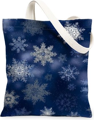 Generic Navy Snowflake Canvas Tote Bags, Elegant Floral Pattern Reusable Grocery Bags, Lightweight Washable Shoulder Strap for Travel Beach Picnic 13x15 Inch