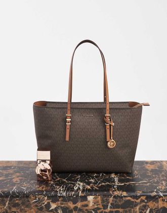 Michael Kors Quinn - Borsa shopping grande marrone con monogramma