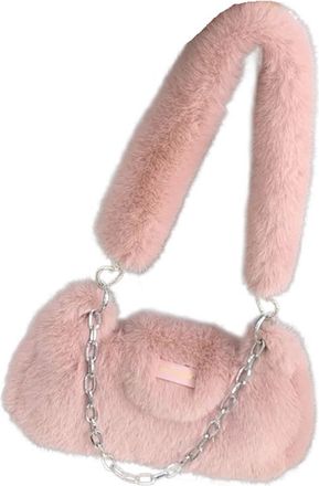 Generic Womens Plush Bags Plush Shoulder Bag Solid Color Womens Ladies Armpit Bags Chain Female Handbag Purse(Pink)
