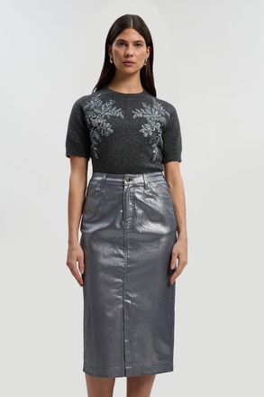 Karen Millen Womens Metallic Coated Denim Pencil Midi Skirt - Silver Cotton - Size 16 UK