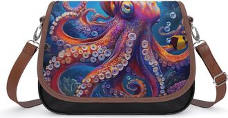 Generic Colorful Octopus Womens Leather Crossbody Bags with Adjustable Strap Casual Printed Shoulder Handbag