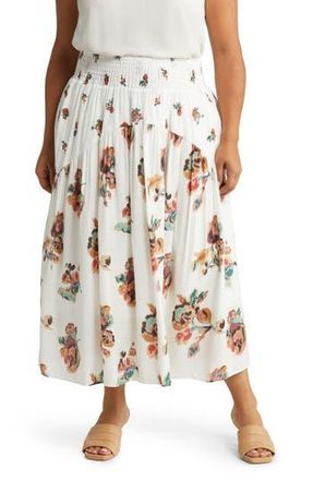 Vince Ikat Smocked Floral Print Skirt in Optic White at Nordstrom Rack, Size 3X