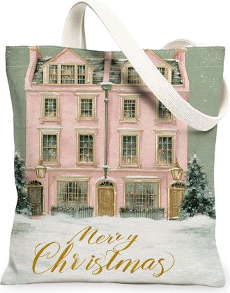 Generic Christmas House Canvas Tote Bags, Vintage Winter Holiday Design Lightweight Reusable Shopping Bags, Festive Decorative Canv, Peach, 13x15 Inch