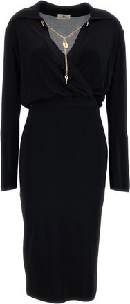Elisabetta Franchi Midi Dress With Draped Waist And Gold Chain Detail